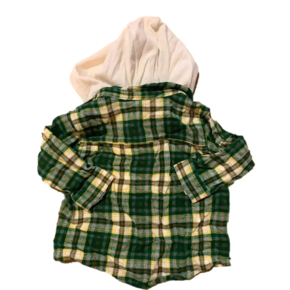 Toughskins Cream Green Gold Plaid Long Sleeve Hooded Button Up Shirt Size 18M